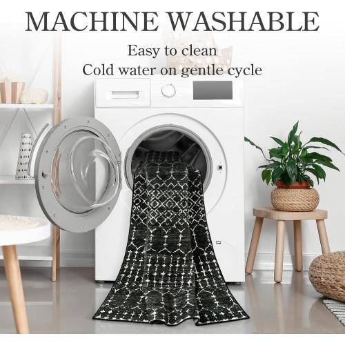 Lahome Moroccan Black Rug for Bedroom Washable Area Rugs 4x6 Non-Slip Ultra-Thin Living Room Carpet Stain Resistant Throw Entryway Indoor Mat, Geometric Print Modren Carpet Rug for Office Kitchen Hana