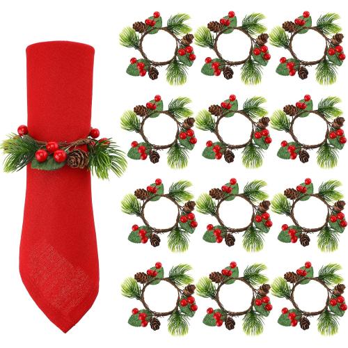 WILLBOND Christmas Napkin Rings Set of 12 Berry Napkin Ring Holders Pine Cones Pine Needles for Holiday Dinner Table Decorations