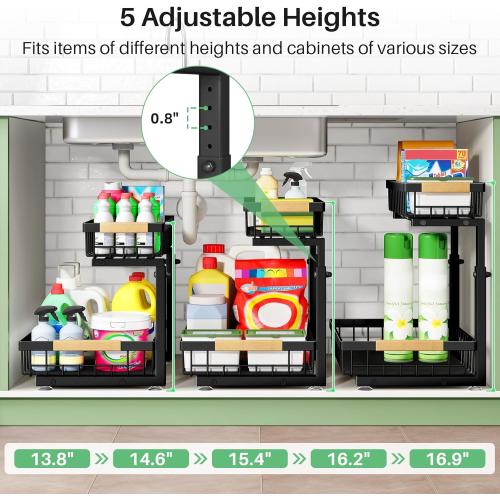 Under Sink Organizer, 2 Packs 2 Tier Under Sink Organizers and Storage, Slide out Pull out Cabinet Organizer Shelf, Metal Sliding Drawer for Kitchen Bathroom Pantry Cabinet Closet Organization Rack