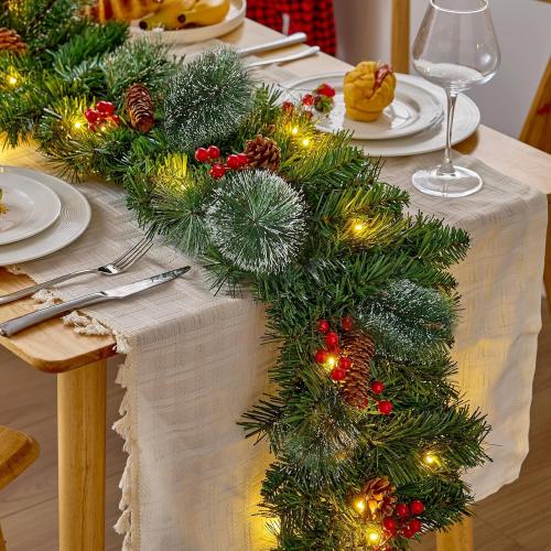 9ft Prelit Christmas Garland with Lights, Battery Operated Lighted Garland Pine Cones & Red Berries, Christmas Decoration for Mantle, Fireplace Indoor & Outdoor （Pine）