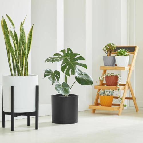 FaithLand 10-Inch Modern Cylinder Planter, Thick-Walled Plastic Plant Pot with Drainage Holes and Detachable Saucer, Matte Black, Ideal for Indoor & Outdoor Plants Flowers
