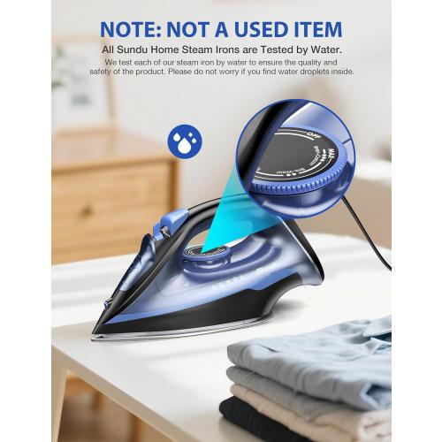 Sundu Steam Iron for Clothes with Rapid Heating Ceramic Coated Soleplate, 1500W with Precise Thermostat Dial, Self-Cleaning, Auto-Off, 15.21oz Water Tank for Home Clothes Ironing Use, Blue