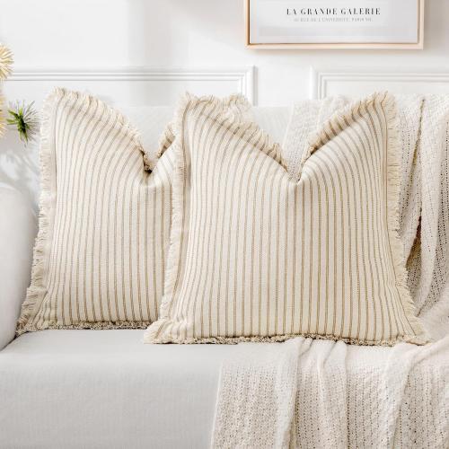 MIULEE Pack of 2 Khaki Pillow Covers 18x18 Inch Striped Farmhouse Couch Throw Pillow Covers with Fringe Chic Linen Decorative Cushion Covers for Sofa Living Room Bed Outdoor Home Decor