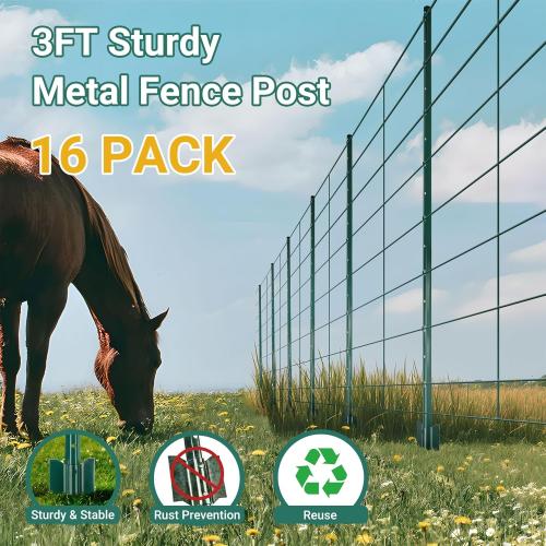 Fence Post 3 FT - 16 Packs, Metal Heavy Duty U Posts, Powder-Coated for Long-Lasting Use, Perfect for Holding Wire &Plastic Mesh, Corner Anchors, Green