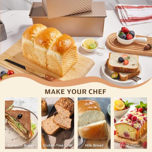 KITESSENSU Pullman Loaf Pan with Lid 1 Pack, 1 lb Dough Capacity Non-Stick Bakeware for Baking Bread, Carbon Steel Corrugated Bread Toast Box Mold with Cover for Baking Bread, Gold