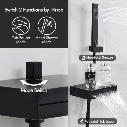 KES Tub Faucet Wall Mounted with Waterfall Spout, Bathtub Faucet with Shower Hand-Held Tub Filler Matte Black (Rough-In Valve and Trim Kit Included), XB6220-BK