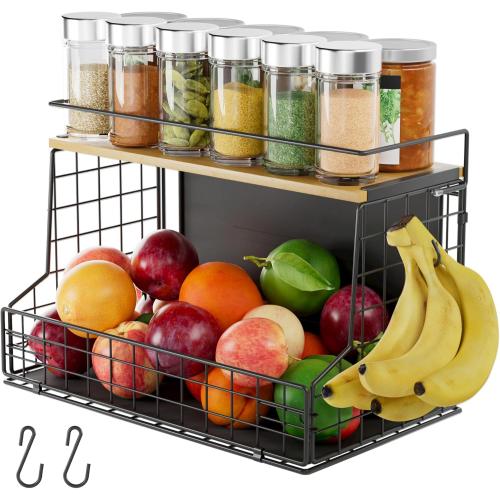 Magnetic Shelf for Fridge, Large Container Magnetic Spice Rack for Refrigerator, Fruit Potato and Onion Storage Bins, Magnetic Basket with Wood Lid, Kitchen Counter, Cabinet