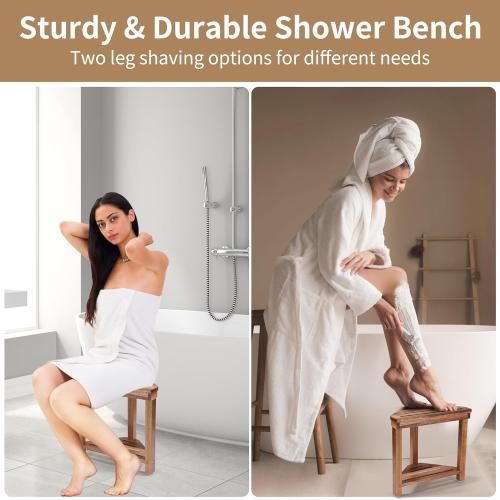Shower Foot Rest 14in, Acacia Wood Shower Stool for Shaving Legs, Waterproof Corner Shower Stool with Storage Shelf for Inside Small Shower Spaces, Wood Color