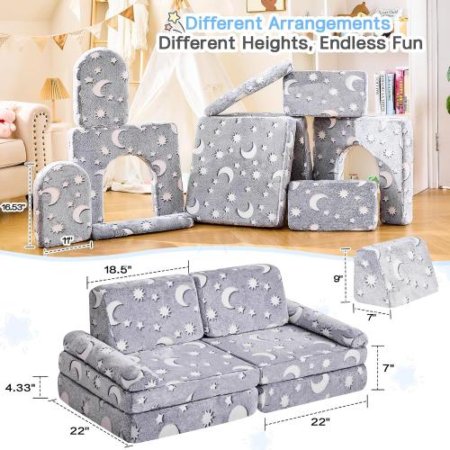 10 Pcs Color Grey  Modular Kids Play Couch,Toddler Couch Kids Sofa,Child Sectional Sofa,Bedroom and Playroom Furniture for Toddlers,Convertible Foam and Floor Cushion for Boys and Girls,Glow in The Dark,Star