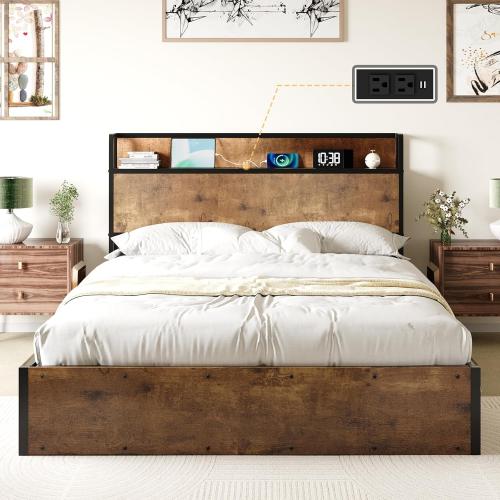 Size Queen Color brown Size Lift Up Storage Bed Frame, Wooden Platform Bed Frame with Lifting Storage & Charging Station, No Spring Box Needed/Noise Free, Rustic Brown