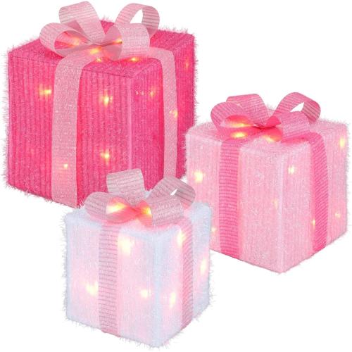 8 Mode 3 Packs Pink Valentines Decorations LED Light Up Valentines Lighted Gift Boxes with Glitter Bow Present Boxes USB Powered for Wedding Christmas Porch Room Decor Indoor Outdoor