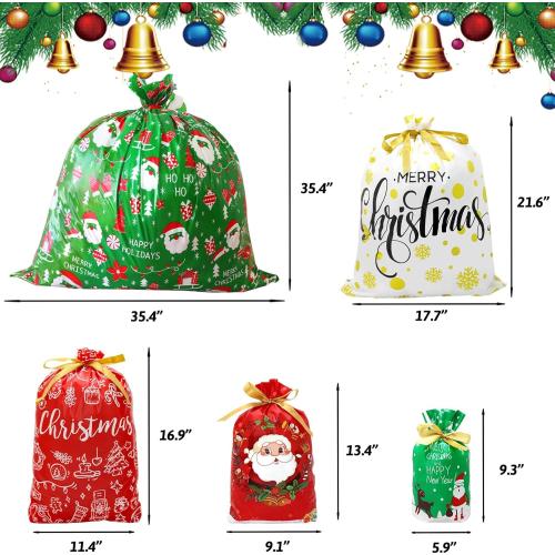 Pseutio 42 PCS Christmas Drawstring Gift Bags Assorted Sizes Drawstring Christmas Bags for Gifts with Rope for Xmas Holiday Presents Party Favor