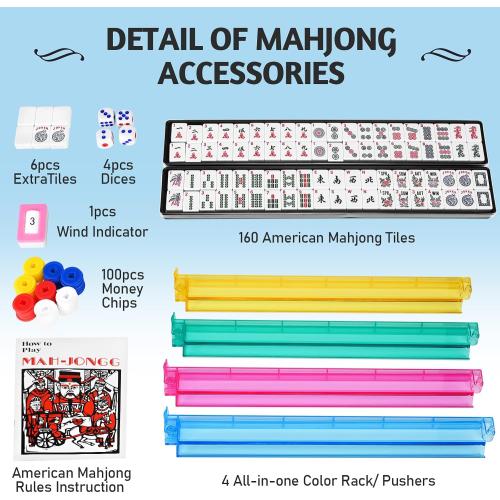 American Mahjong Set, 166 Mahjong Tiles with Racks, Pushers & Carrying Case | Premium Tiles, Complete Accessories, Portable Carrying Case, Perfect for Family Game Nights and Mahjong Lovers