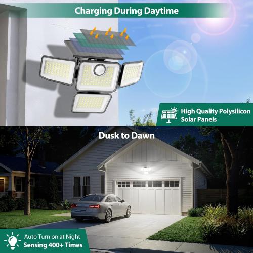 3000LM Solar Lights Outdoor, 4 Adjustable Heads Motion Sensor Security Light, 3 Modes, 6500K, IP65 Waterproof Solar Wall Flood Lights for Garden, Outside, Backyard, 1 Pack