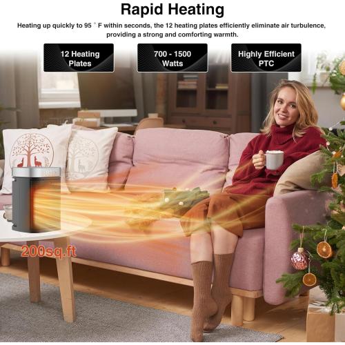 Small Portable Space Heater for Indoor Use - VOCRS 1500W PTC Electric Heater with Thermostat, Remote Control, 12H Timer, Eco and Fan Mode, Rapid and Safe Heating for Bedroom, Office