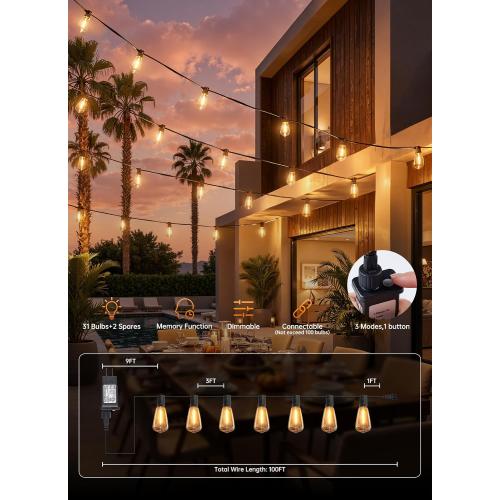 Minetom 100FT Outdoor String Lights with Remote, ST38 Patio Lights Dimmable | Waterproof LED Christmas Lights with 3 Modes, Shatterproof Connectable Outside Lights for Backyard Porch Deck Garden Decor