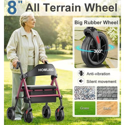 HOMLAND Foldable Rollator Walkers for Seniors with Seat, 17 lb Lightweight | 8 All-Terrain Rubber Wheels, Reinforced Aluminum Frame, Cup Holder, 16'' Enlarged Seat, Height Adjustable, Easy Assembly