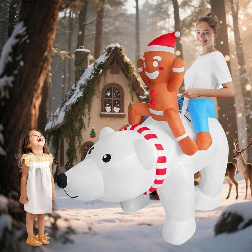 Funny Inflatable Gingerbread Man Riding On Polar Bear Costume Blow-Up Outfit for Adult/Christmas Parade/Halloween