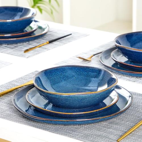Bestone 12 Pieces Round Kitchen Dinnerware Sets，Plates and Bowls Sets,Dishes, Plates, Bowls, Dish Set, Chip Resistant Ceramic Dinnerware Set, Dishwasher/Microwave Safe,Service for 4,Cobalt Blue