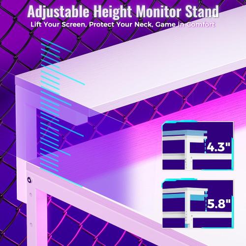 PRAISUN 61.7 Gaming Desk with LED Lights & Outlets, Computer Desk with 3 Fabric Drawers, PC Desk with PC Case Stand & Movable Storage Shelves, Monitor Stand, Reversible, White