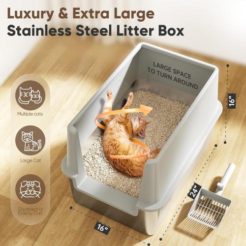 16 High Sides Stainless Steel Litter Box with Lid, XL XXL Extra Large Enclosed Metal Litter Box for Big Cats & Kitty, Never Absorbs Odors, Non-Sticky, Anti-Urine Leakage, Easy Cleaning