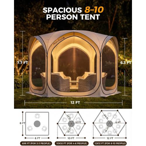 12x12 FT Pop-Up Screen Tent, Portable Screen Room Canopy with Zipper Doors for Patio, Backyard, Deck & Outdoor Activities, Beige