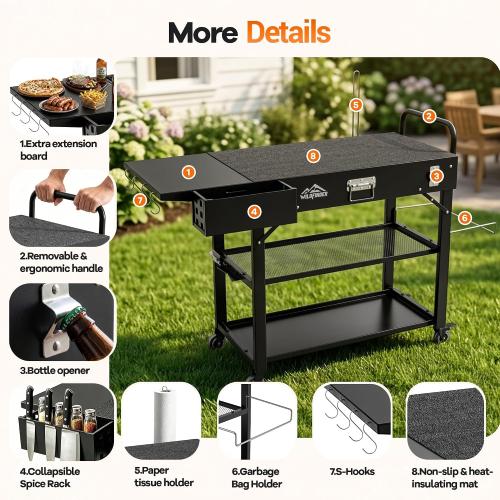 Grill Cart for Blackstone Griddle, Outdoor Grill Table for Ninja | Foldable Pizza Oven Stand Grill Stand Fit 17 or 22 Inch Tabletop Griddle, Portable BBQ Prep Station with Tool Hooks & Wheels
