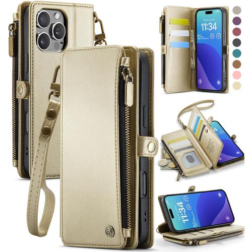 Defencase Compatible with iPhone 16 Pro Case Wallet with RFID Blocking Card Holder for Women Men, Soft PU Leather Magnetic Snap Flip Zipper Strap Wallet Phone Case Fit for iPhone 16 Pro 6.3, Gold