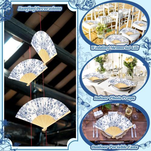 25 Sets Blue Floral Hand Folding Fans with Organza Bags Bulk Blue Flower Wedding Favors for Guests Vintage Foldable Paper Fans for Bridal Shower Wedding Bridesmaid Thank You Gift Decorations