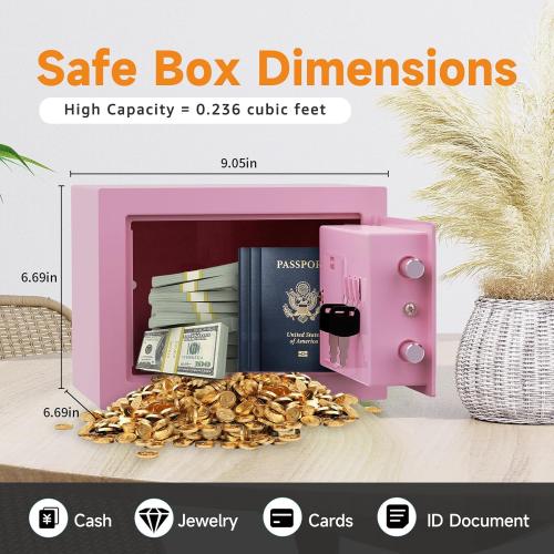 Goldenkey Small Safe Box for Money, Digital Home Safe Box with Keys&Code for Cash and Coin, Mini Safes for Kids, Personal Items for Hotel, 6.69D x 9.05W x 6.69H, 0.236 Cu.Ft.