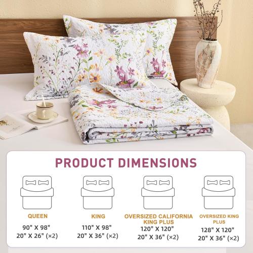 Lady Ann Oversized Cal King Bedspreads for Extra Bed 120x120, Wild Floral Printed Quilt Set 100% Cotton Flower Botanical Pattern Bedding, Vintage Coverlet with Pillow Shams for All Season, 3 PCS