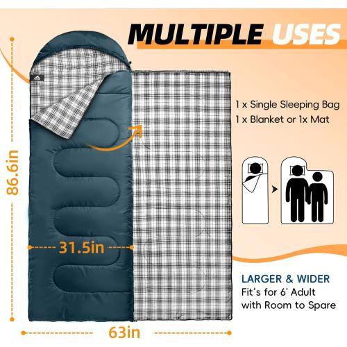 MEREZA Flannel Sleeping Bag for Adults XL, Large Wide Sleeping Bags for Camping Mens Warm Cotton Sleeping Bag 4 Season Warm & Cool Weather
