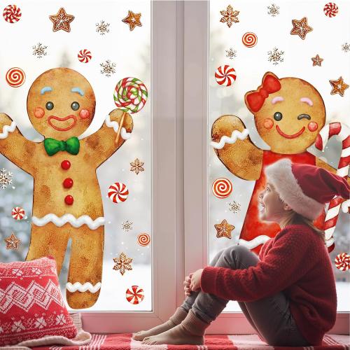 Ivenf Christmas Window Clings Decorations: 2 Sheets Extra Large Gingerbread Man Couple Window Stickers, Cute Gingerbread Peppermint Candy Canes Snowflake Decals for Home Office Holiday Party Décor