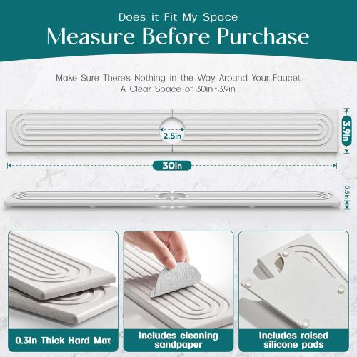 30 Inch Faucet Mat for Kitchen Sink - Instant Dry Sink Protector for Countertop, Extra-Long Diatomaceous Earth Stone Sink Tray Around Faucet for Kitchen Bathroom RVs (Light Grey, 30 x 3.9)