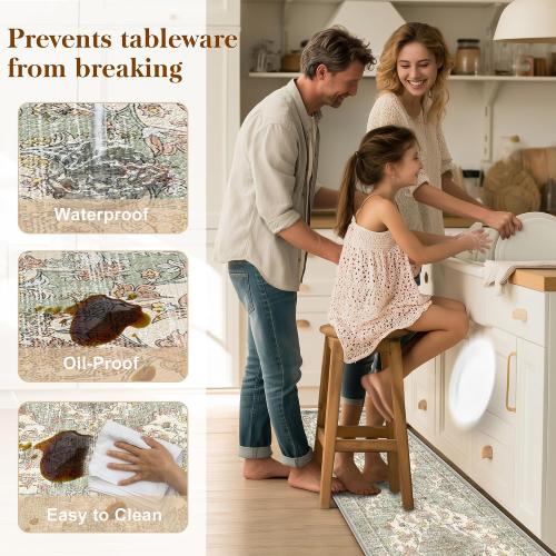 Boho Kitchen Mats for Floor 2 Piece Set Anti Fatigue Cushioned PVC Kitchen Rugs Non Slip Waterproof Farmhouse Mats  Comfort Standing Mat for Laundry, Green Orange Beige