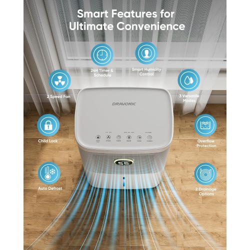 Size 34 Pint Color White  Dehumidifiers for Home, Basement, Bedroom, Bathroom, 2500 Sq.ft Dehumidifier with Drain Hose, Smart Humidity Control & Display, 3 Operation Modes, 24H Timer, Child Lock (White)