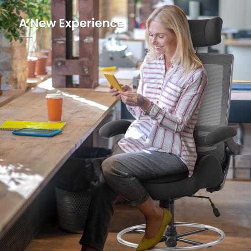 BOLISS 400lbs High Back Computer Office Drafting Chair Double Seat-Cushion Flip up Armrests Lumbar Support Adjustable Big Footrest Ring (Black)