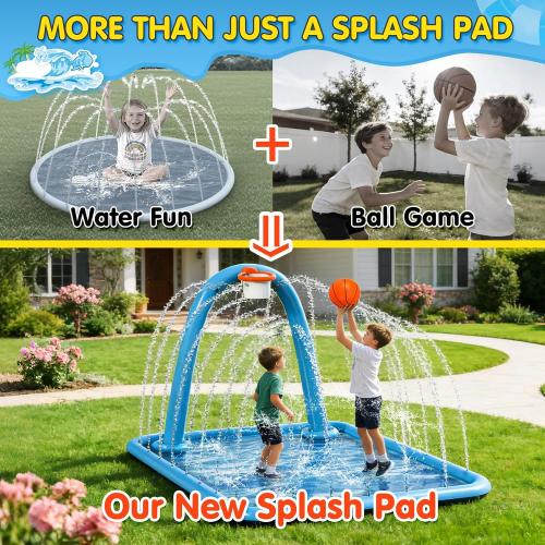 Instraella Splash Pad, 110x91'' 2-in-1 Large Sprinkler Mat with Basketball Hoop and Arch for Kids Outdoor Play, Shoot Game for Backyard, Inflatable Water Outdoor Toys More Fun for Boys and Girls