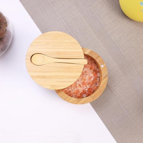 HTB Bamboo Salt Cellar with Mini Spoon, Kitchen Salt Box with Swivel Magnetic Closure Lid, Round Salt Container to Storage Pepper Spice Bath Salt Sea Salt
