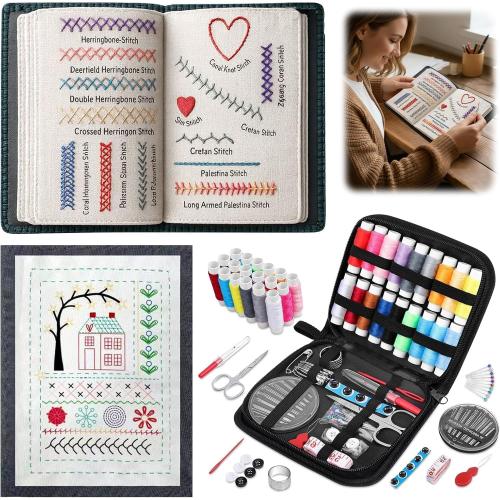 New Embroidery Stitch Book Kit for Adults & DIY Craft Lovers,Portable Embroidery Kit for Beginners Enthusiasts,Includes Guide to 106 Patterns with Tools & Tutorials and 86-Piece Sewing Tool Kit(1 Set)