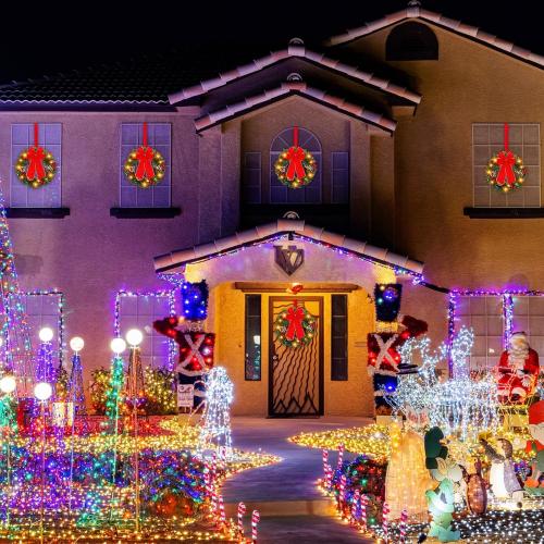 Ceenna Set of 6 Prelit Lighted Christmas Wreath 15 Inch Prelit Christmas Wreath with Large Buffalo Bow Battery Operated with 8 Modes Timer Remote Holiday Indoor Outdoor Decor(Retro)