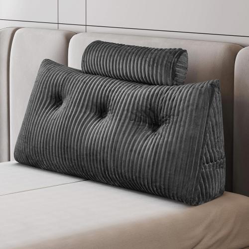 Grey Twin Size Z-hom Large Wedge Pillow Headboard, Twin Triangular Headboard Pillow, Reading Pillow Standard Bed with a Roll Pillow for Bed Sitting Up Sleeping, Backrest Cushion Headboard Gap Pillow for Back, Grey
