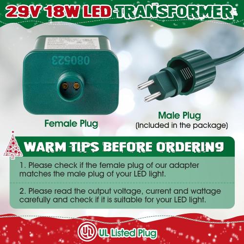 Meonum LED Power Supply, UL Certification Transformer Replacement Class 2 Power Supply with 3 Meter 2 Pin Extension Cable, Low Voltage Transformer US Plug Adapter for Christmas Tree Light(TS-18WL29V)