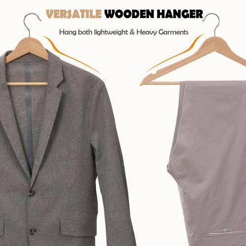 ELONG HOME Solid Wooden Hangers  Wood Suit Hangers with Extra Smooth Finish, Precisely Cut Notches and Chrome Swivel Hook, Clothes Hangers for Shirt Coat Jacket Dress, Natural