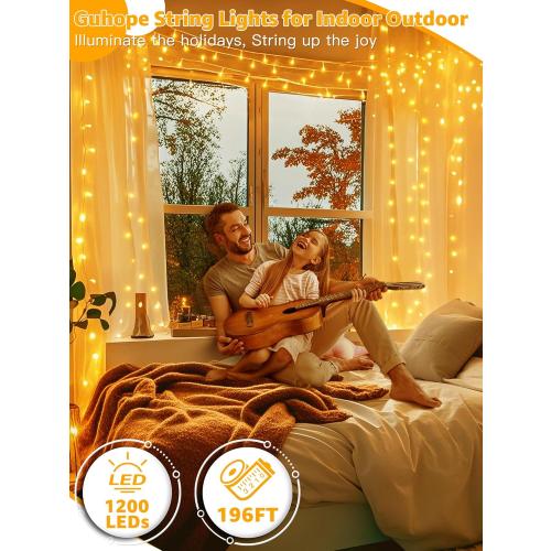 Outdoor String Lights 1200LED 196FT, 8 Modes Dimmable Fairy Lights with Remote and Timer, Waterproof String Lights for Festive Decoration Indoor Wedding Party Holiday (Warm White)