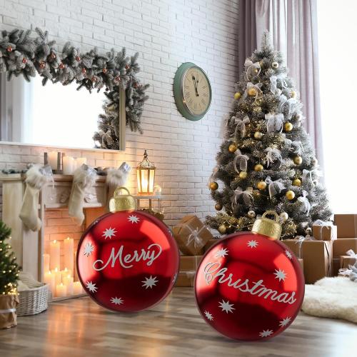2 Pcs Christmas Inflatable Balls, 24 Inch Outdoor Decorative PVC Ball, Xmas Blow Up Jumbo Ball for Indoor, Giant Ornaments Outside Holiday Yard Lawn Decor (Merry Christmas)