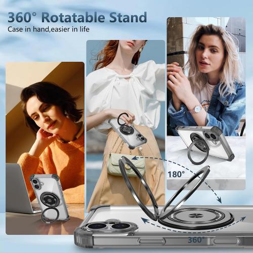 for iPhone 16 Plus Case Magnetic Compatible with MagSafe,with 2 Screen Protectors,Built-in Camera Cover Kickstand Ring,Military Grade Drop Shockproof Heavy Duty Protection Phone Bumper Black