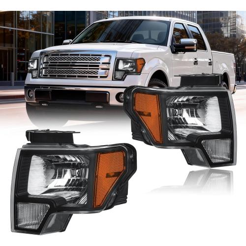 Headlight Assembly, Headlights Kit Compatible with 2009-2014 Ford F150 Replacement Headlamp Black Housing Amber Reflector