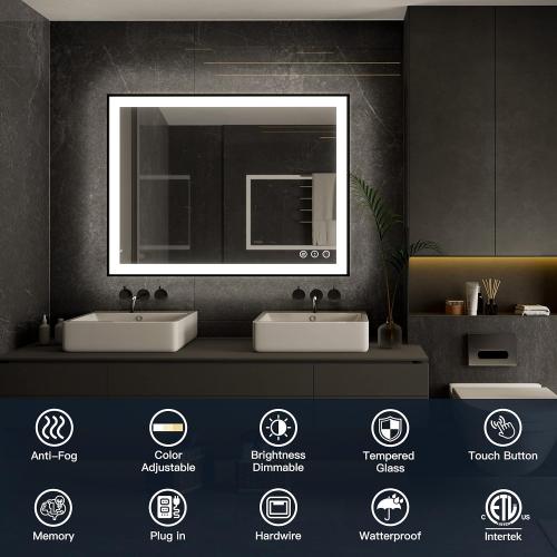 Size 40 x 36 ISKM Framed LED Mirror for Bathroom 40x36, Dimmable LED Bathroom Mirror with Lights, Anti-Fog, Front and Backlit Lighted Mirror 3-Colors, Shatterproof, Memory Function