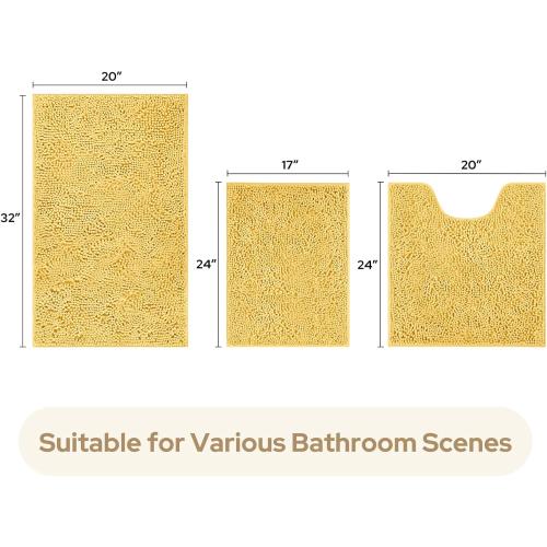 HOMEIDEAS 3 Pieces Bathroom Rugs, Ultra Soft Non Slip Absorbent Chenille Toilet Bath Mat Set (Yellow)